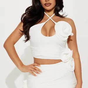 Brand new ruched rosette white mini halter dress