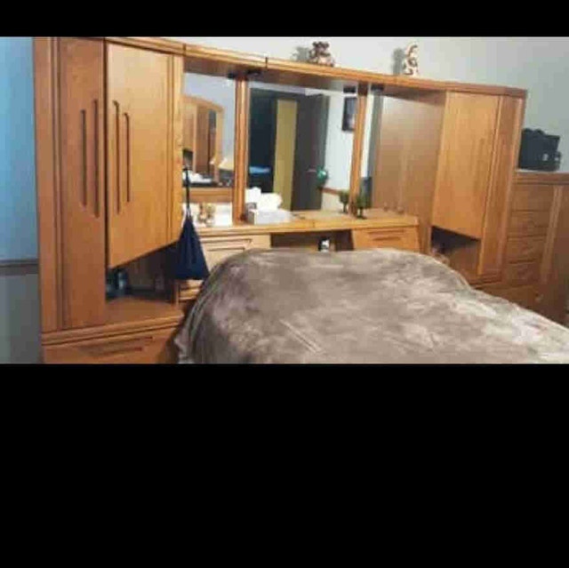 Headboard wall unit, builtin nightstands, and mirrors