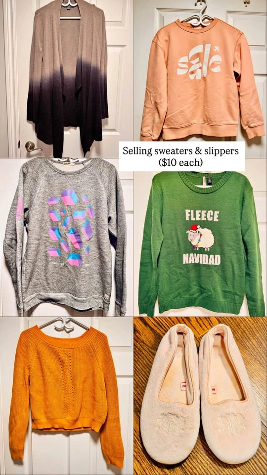 Sweaters in yellow/pink/grey + Xmas sweater + slippers
