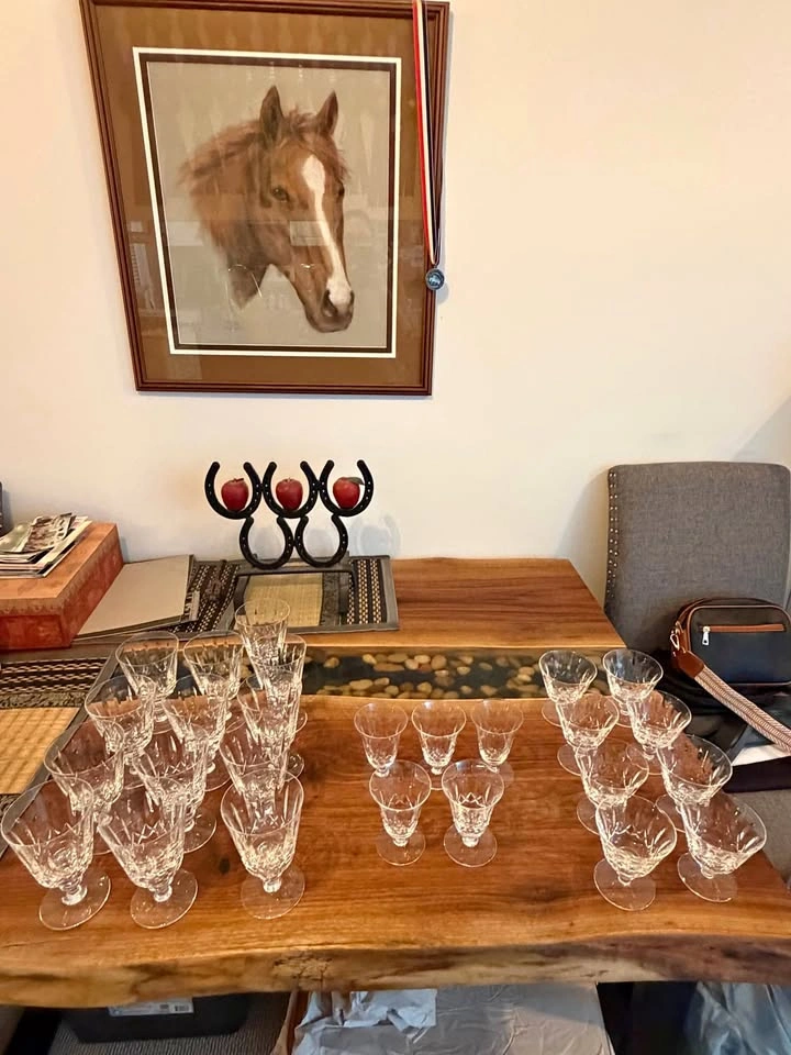 Collection of vintage crystal water, juice, and sorbet glasses