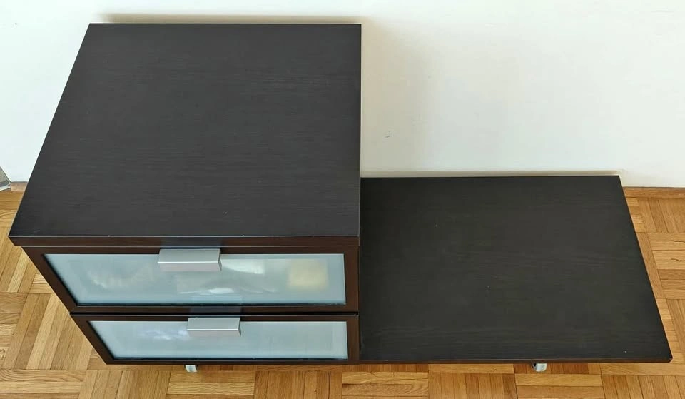 Nightstand with 2 drawers (frosted glass and casters)