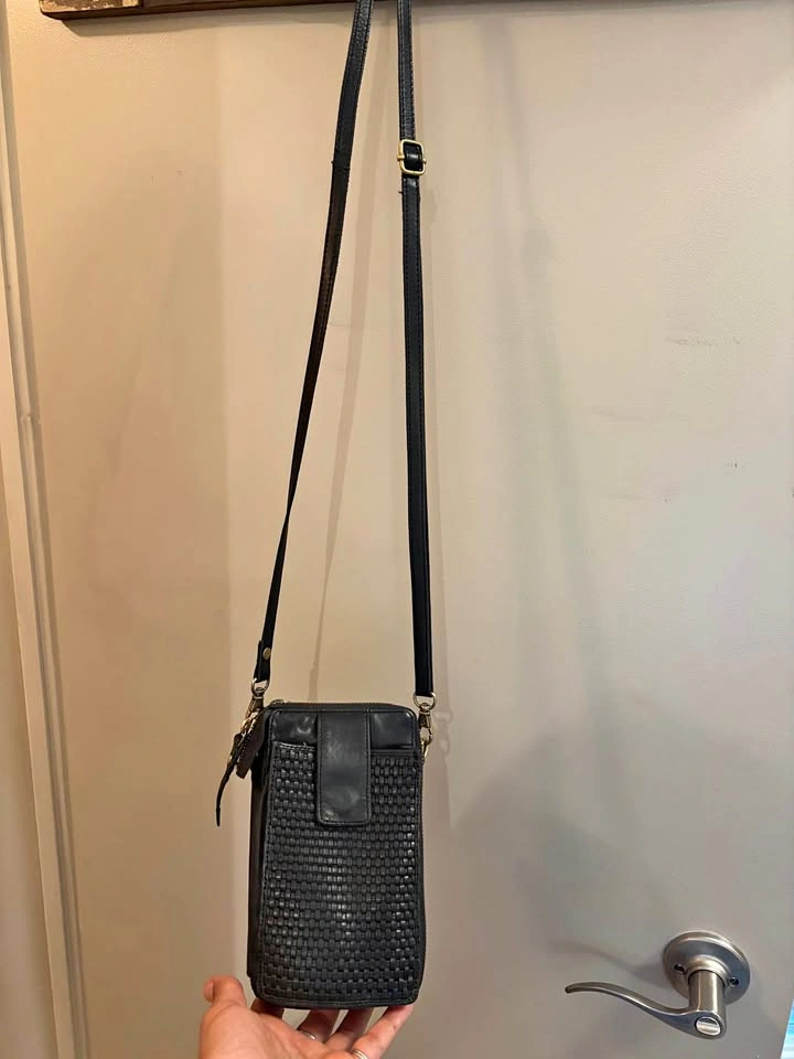 Black Woven Leather Crossbody Wallet Bag