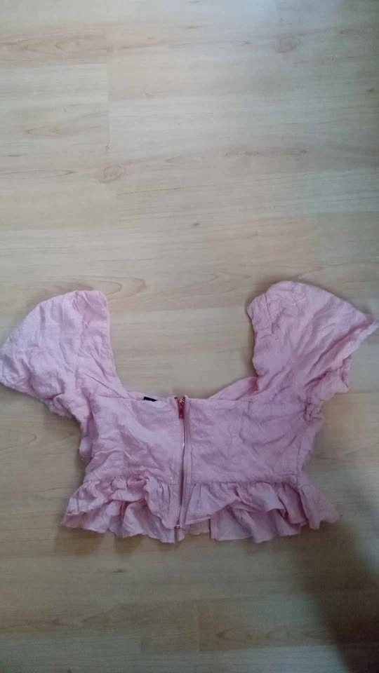 Pink Lace-Up Puff Sleeve Ruffle Crop Top S - photo 2