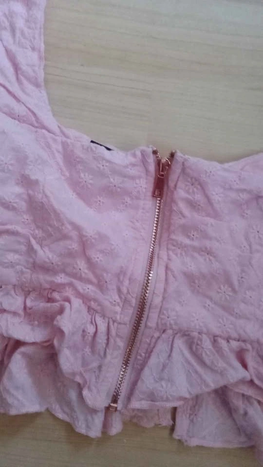 Pink Lace-Up Puff Sleeve Ruffle Crop Top S - photo 3