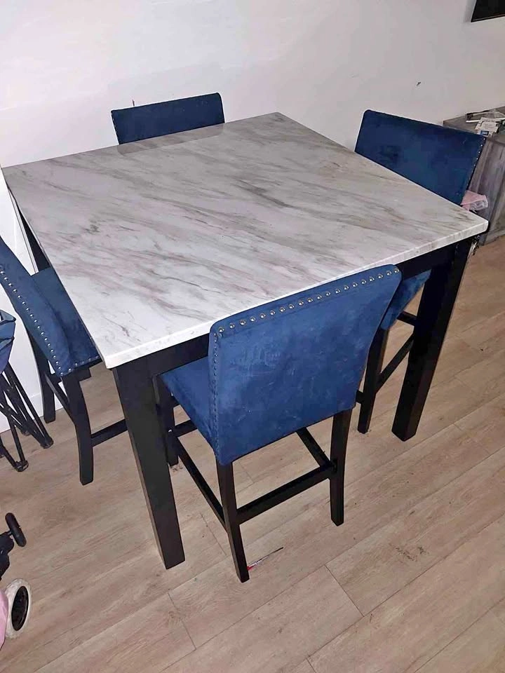 Dining Table with Blue Suede Rhinestone Chairs