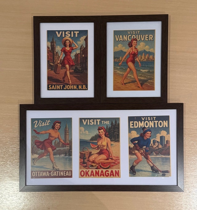 Vintage Pinup Girls Canada Travel Poster Prints Framed Set