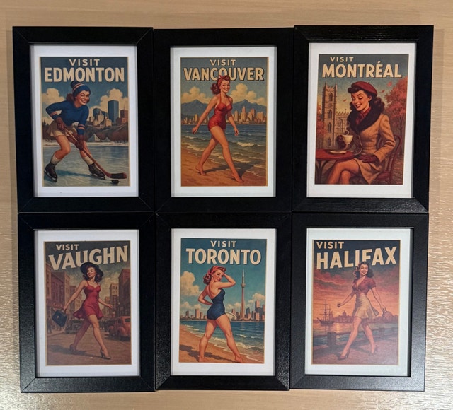 Set of 6 Framed Vintage Style Canadian City Travel Posters