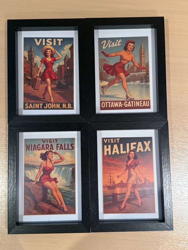 Set of 4 Vintage Style Canadian Travel Pinup Girls Posters Frame