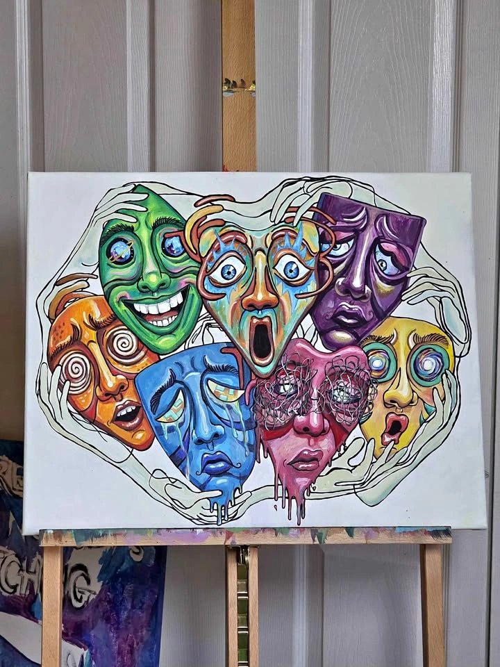 ACRYLIC PAINTING faces colorful whimisical