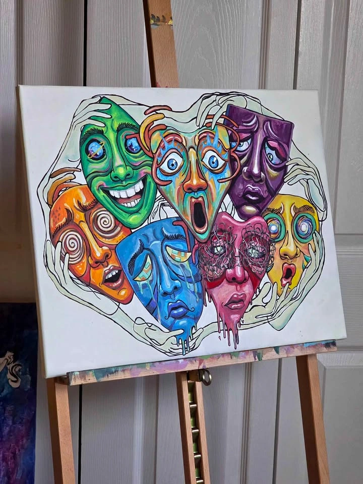 ACRYLIC PAINTING faces colorful whimisical - photo 2