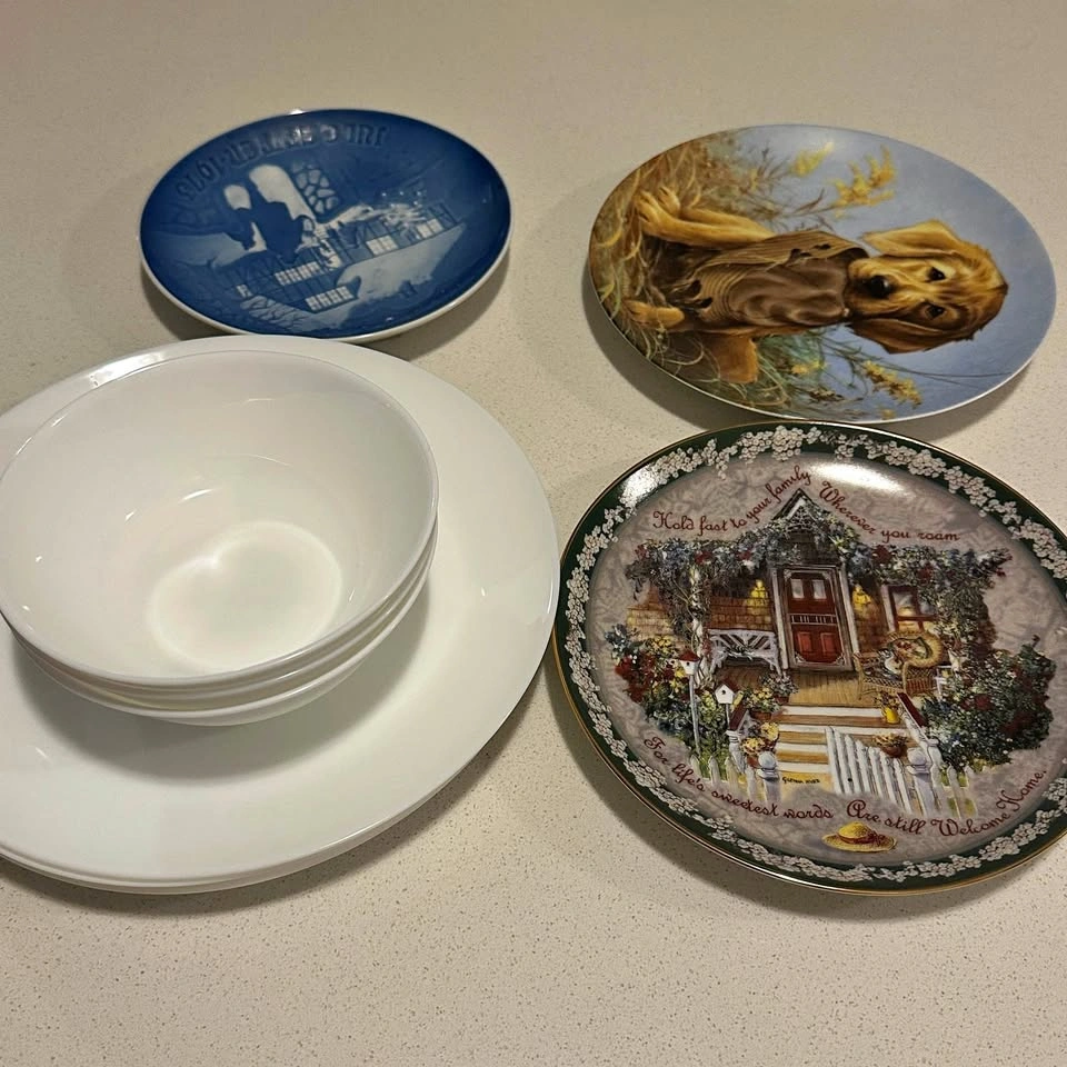 Assorted Decorative Plates and White Bowls