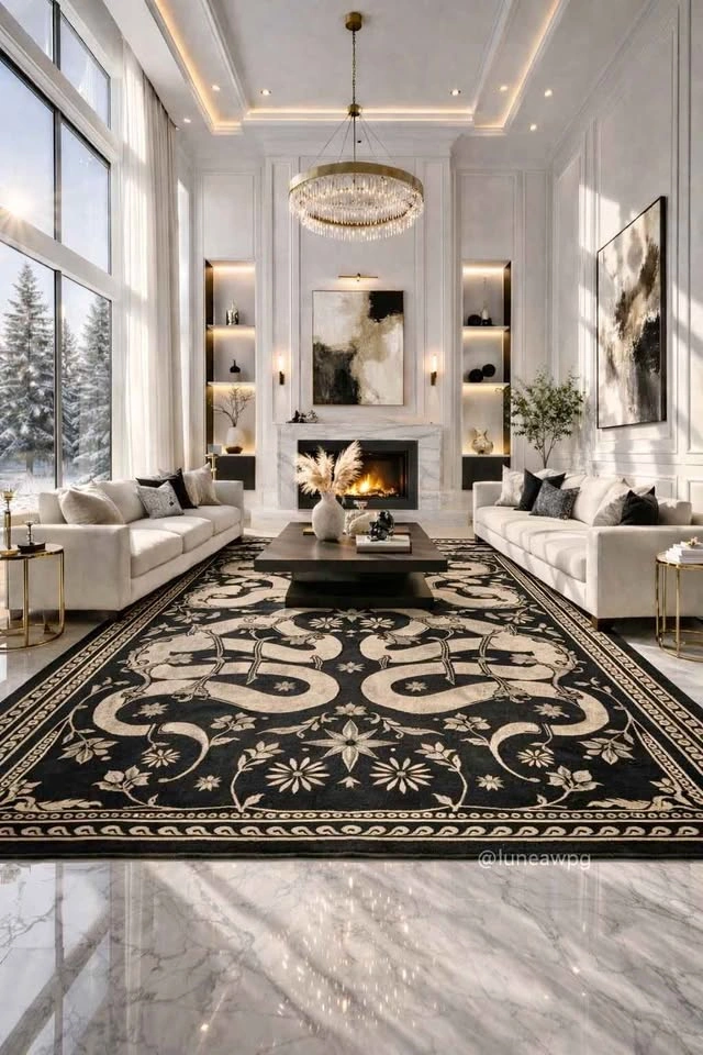 Midnight Serpent – 5x7 Black & Beige Washable Rug