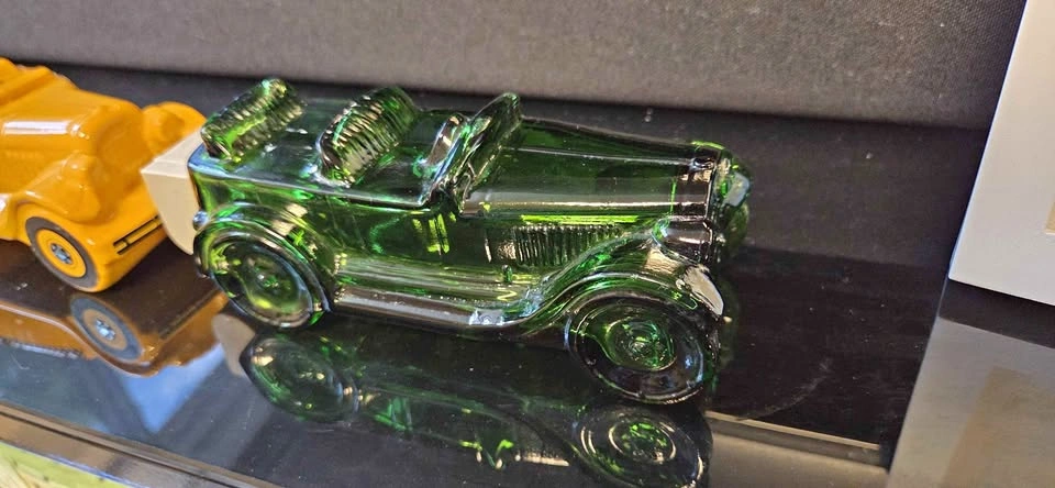 Vintage Glass & Ceramic Car Figurines - Green, Yellow, Red, Brow