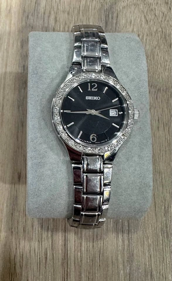 Seiko women’s stainless steel watch with crystal bezel