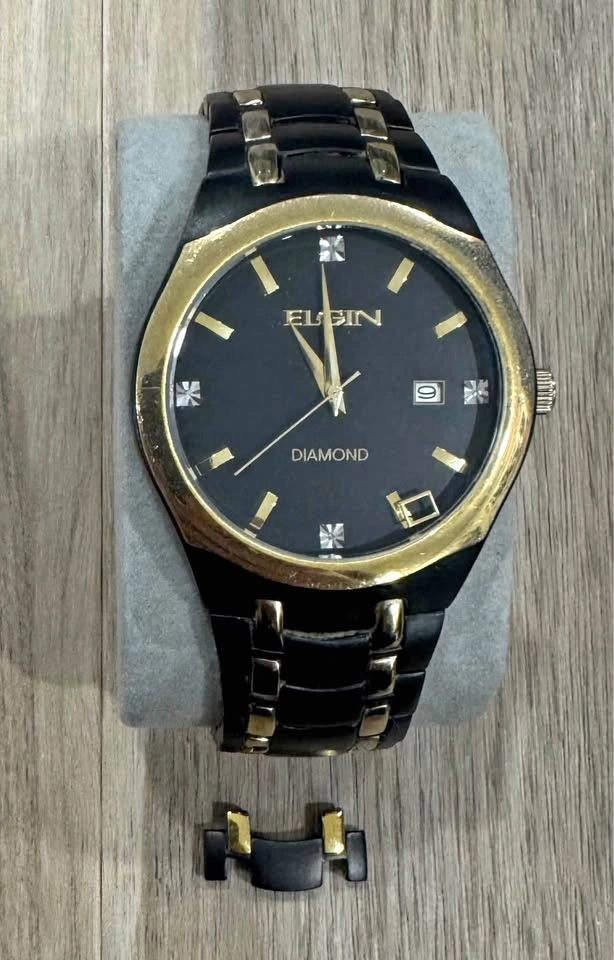 Elgin Black Gold Watch Diamond Dial Stainless Steel Extra Link