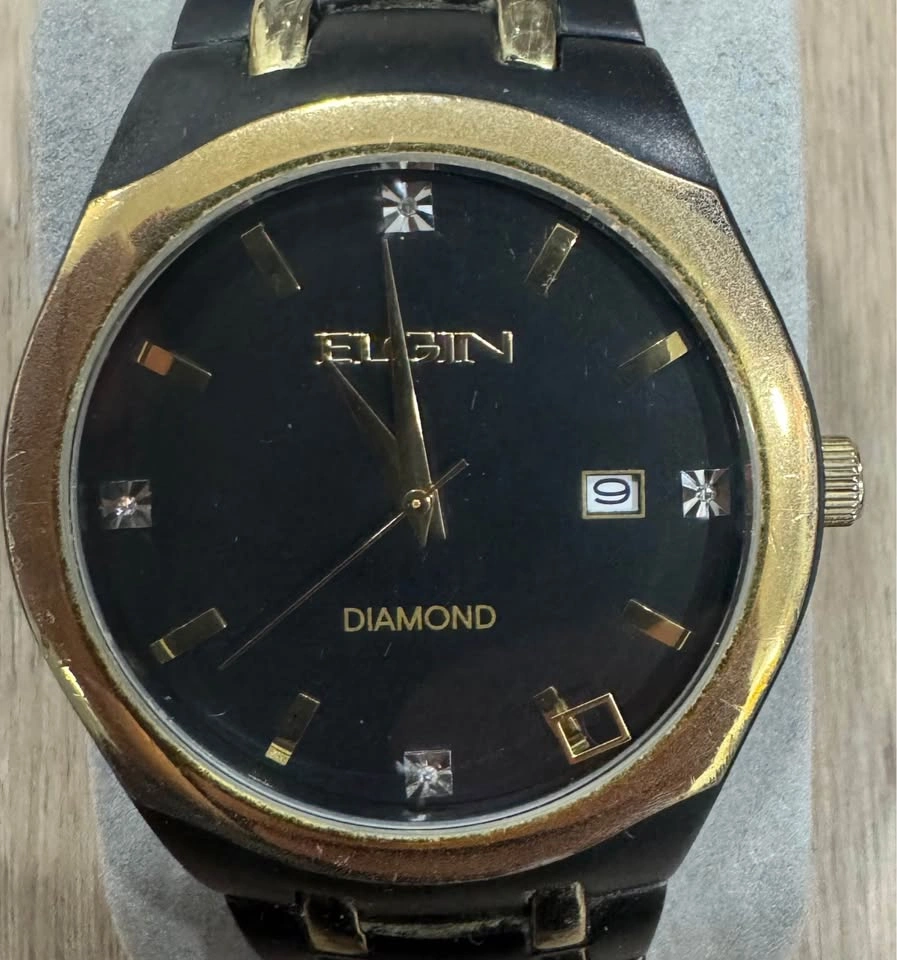 Elgin Black Gold Watch Diamond Dial Stainless Steel Extra Link - photo 2