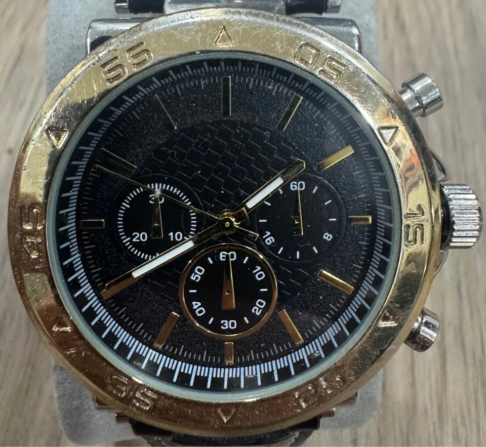 Men’s Chronograph Style Watch Black Gold Leather Strap Quartz - photo 2