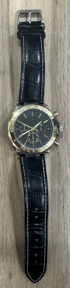 Men’s Chronograph Style Watch Black Gold Leather Strap Quartz - photo 3