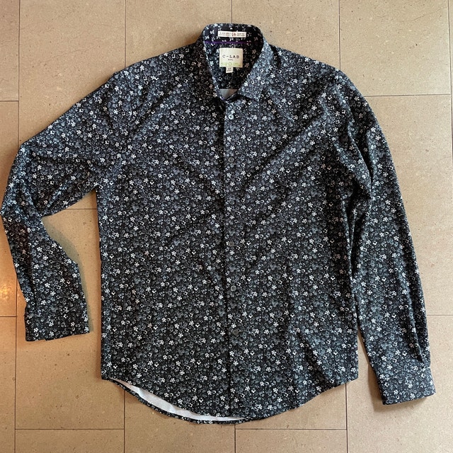 Men's Floral C-LAB Shirt-Navy Blue and White-Large 16"-34-35"