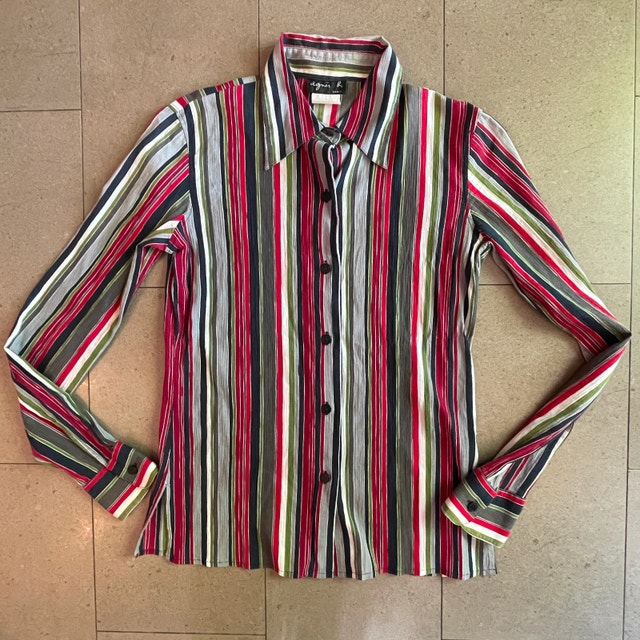 Vintage agnès b. Paris crinkle cotton striped blouse shirt-XS