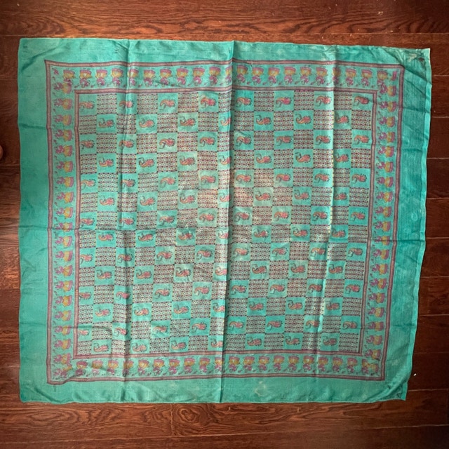 Vintage Turquoise Silk Scarf with Indian Motif-Slight Damage