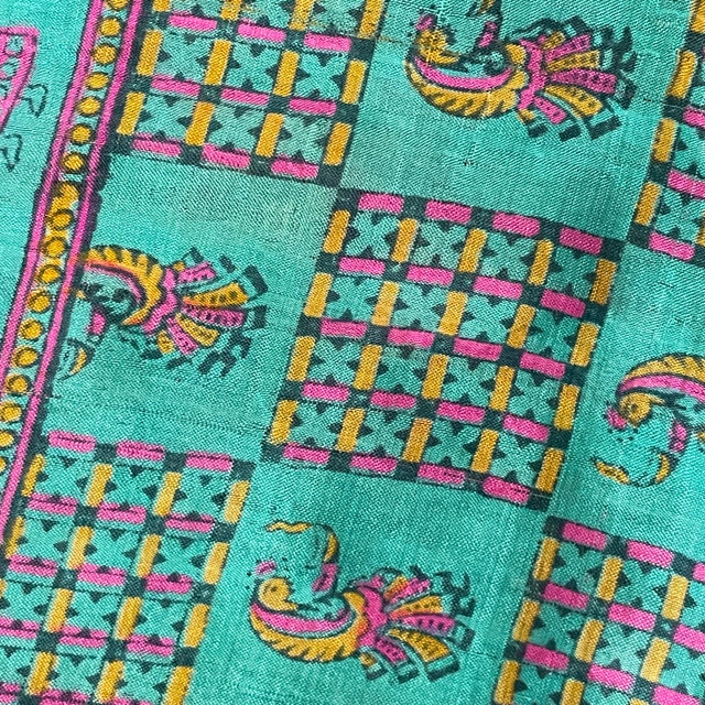 Vintage Turquoise Silk Scarf with Indian Motif-Slight Damage - photo 2