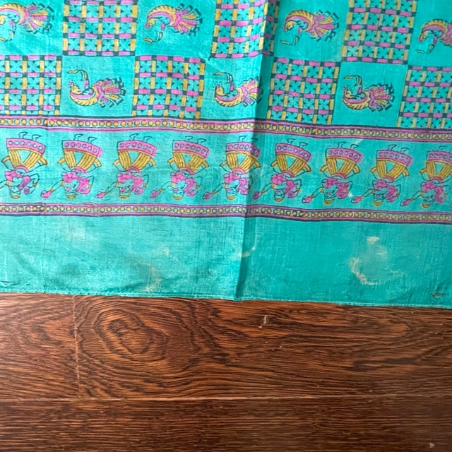 Vintage Turquoise Silk Scarf with Indian Motif-Slight Damage - photo 3