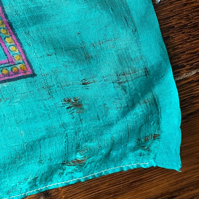 Vintage Turquoise Silk Scarf with Indian Motif-Slight Damage - photo 4