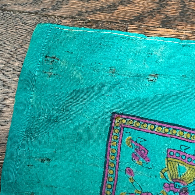 Vintage Turquoise Silk Scarf with Indian Motif-Slight Damage - photo 5