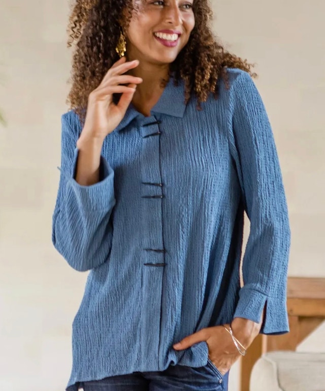 Habitat Light Blue Textured Top Blouse Shirt-Chopstick Buttons-M - photo 2