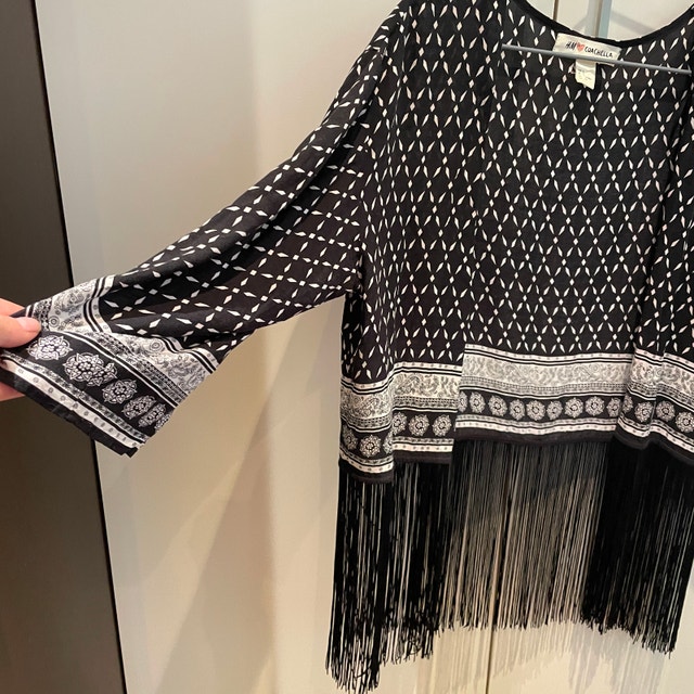 H&M Coachella Women's Kimono Top Black and White w/Fringe-Small - photo 4