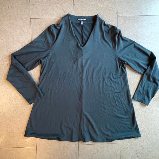 Eileen Fisher Deep Teal Blue V Neck A-Line Tunic - Petite Med