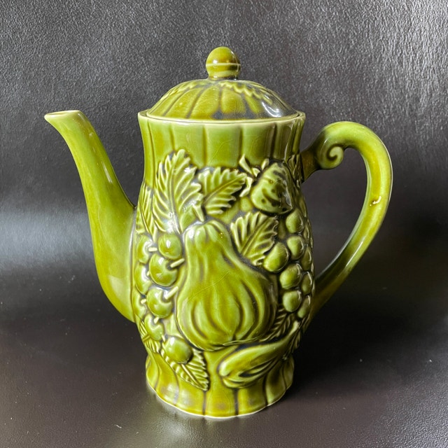 Vintage Japanese Avocado Green Ceramic Teapot w/ Embossed Fruits