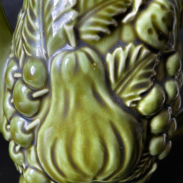 Vintage Japanese Avocado Green Ceramic Teapot w/ Embossed Fruits - photo 2