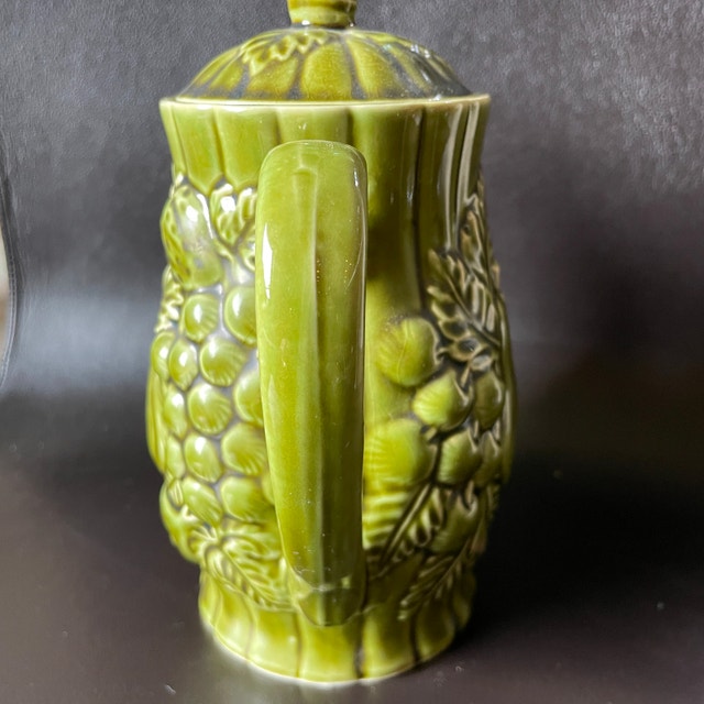 Vintage Japanese Avocado Green Ceramic Teapot w/ Embossed Fruits - photo 3