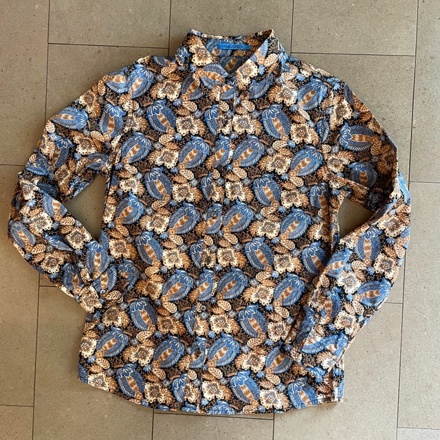 J. McLaughlin Floral Brown/Blue Button Down Blouse Shirt-Small