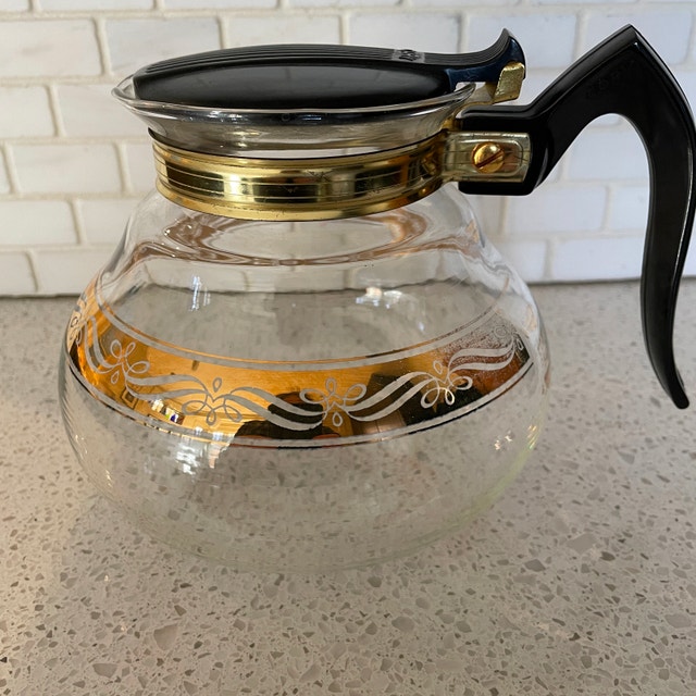 Vintage 60s Cory Coffee Glass Carafe w/ Gold Trim-Bakelite Lid