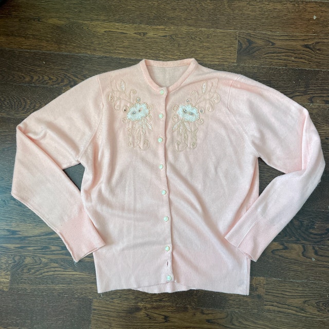 Vintage 60s Pink Cardigan Sweater with Beaded detail-Small