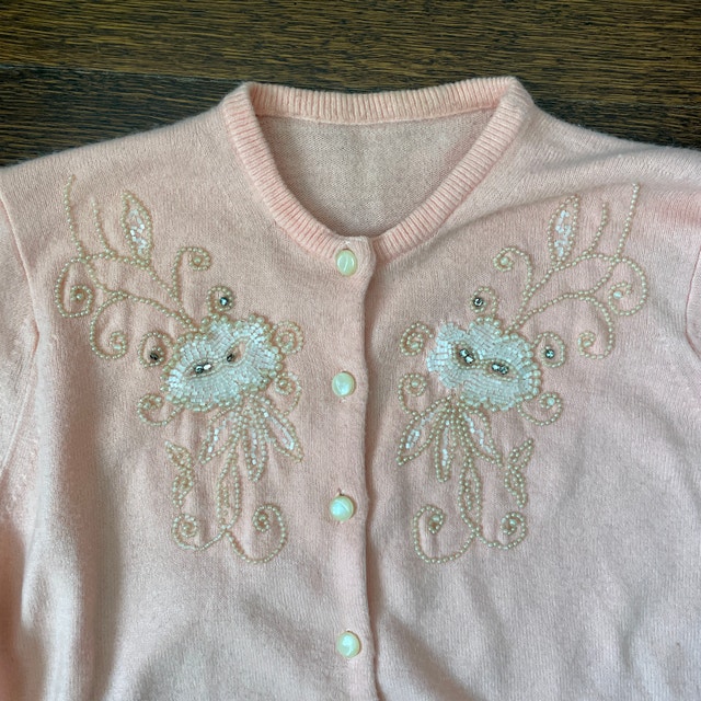 Vintage 60s Pink Cardigan Sweater with Beaded detail-Small - photo 2