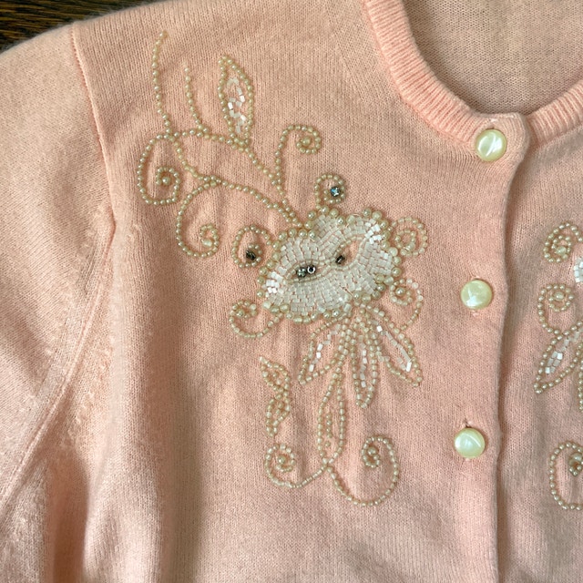 Vintage 60s Pink Cardigan Sweater with Beaded detail-Small - photo 3