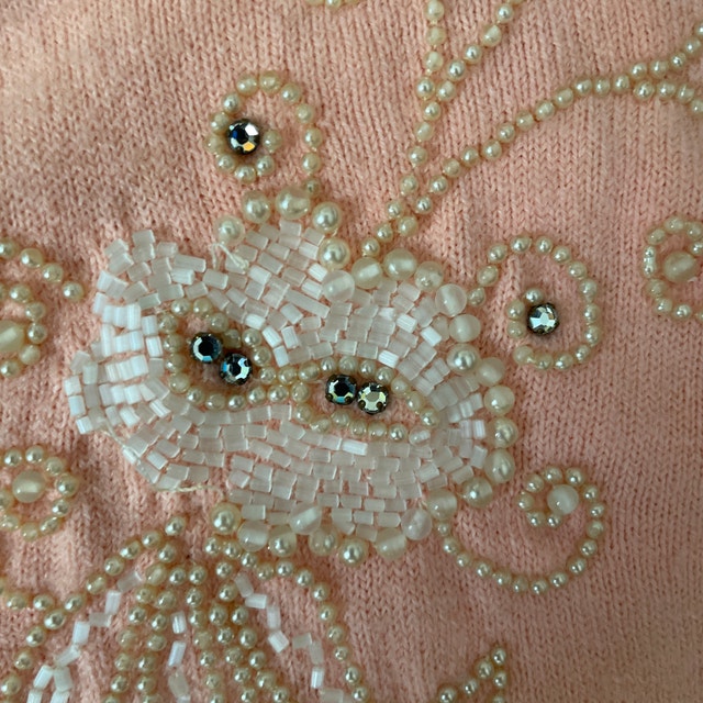 Vintage 60s Pink Cardigan Sweater with Beaded detail-Small - photo 5