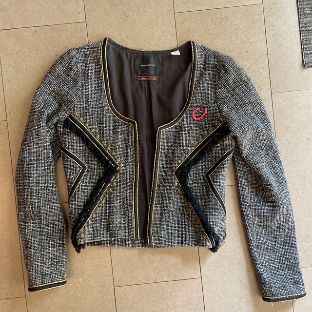 Maison Scotch Black Studded Open Front Tweed Blazer Jacket