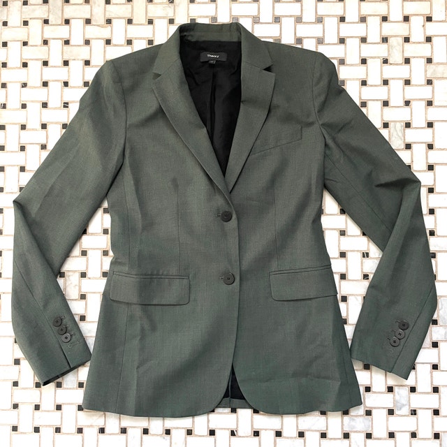 NEW Theory Classic Blazer-Stretch Wool-Olive/Gray-Size 00