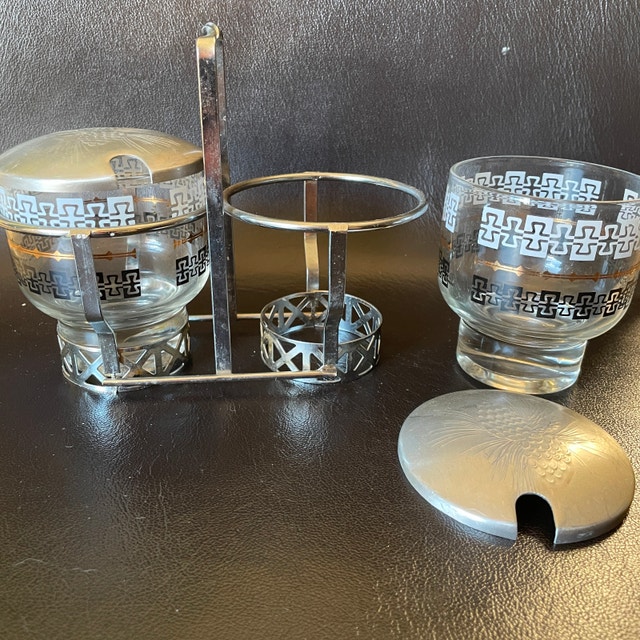 Vintage Libbey MCM Chrome Condiment Set: Glass w/ Aluminum lids - photo 4