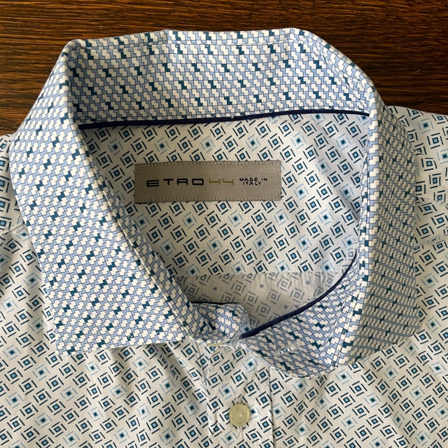 Etro long-sleeve Cotton shirt White with Blue Squares-Sz. 44-XL - photo 3