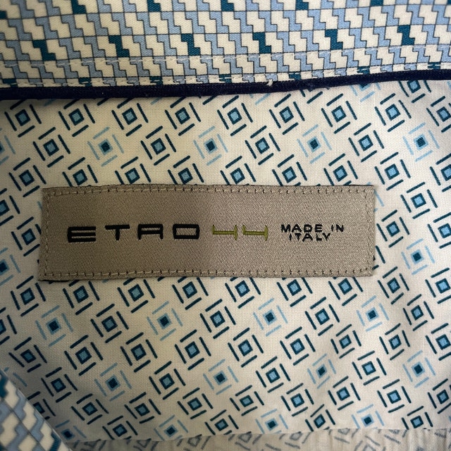 Etro long-sleeve Cotton shirt White with Blue Squares-Sz. 44-XL - photo 4