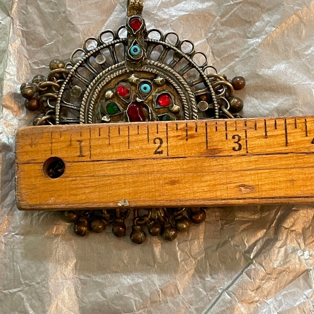 Vintage Afghani large necklace pendant with beads + glass stones - photo 4