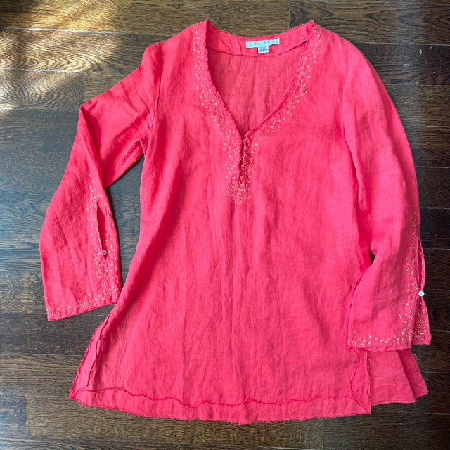 Nougat London Coral 100% Linen Tunic with Gold Stitching-MED/LGE