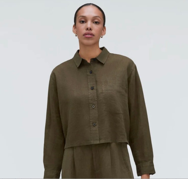 Everlane 100% Linen Dark Olive Brown Way Short Shirt - XL - photo 2