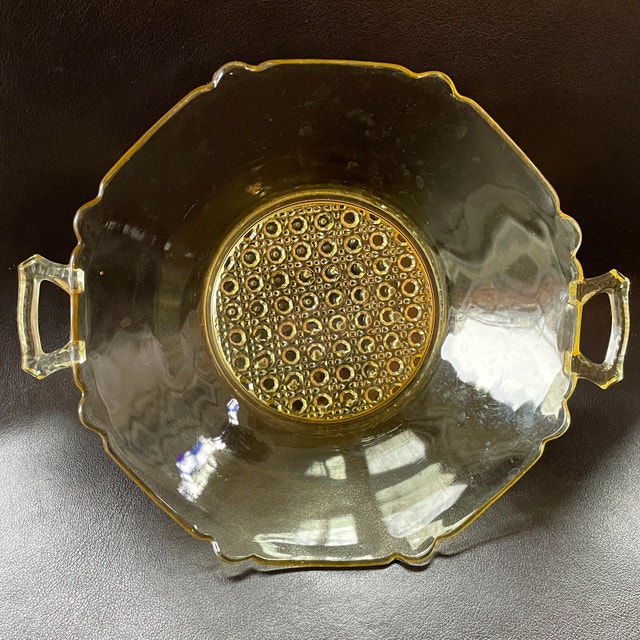 Unique Vintage 1930s Yellow Lancaster Glass Handled Bowl